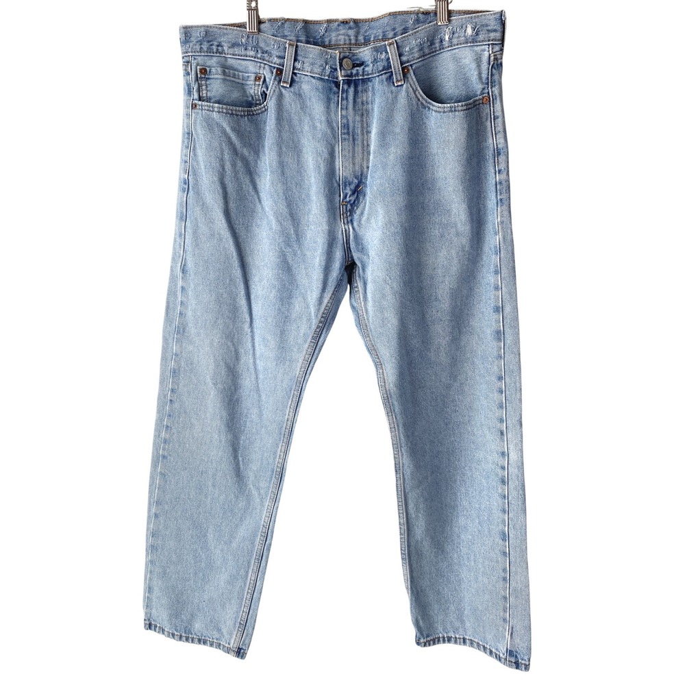 Levis Mens 505 Straight Jeans 38x30 Blue Light Wash Denim Distressed Casual